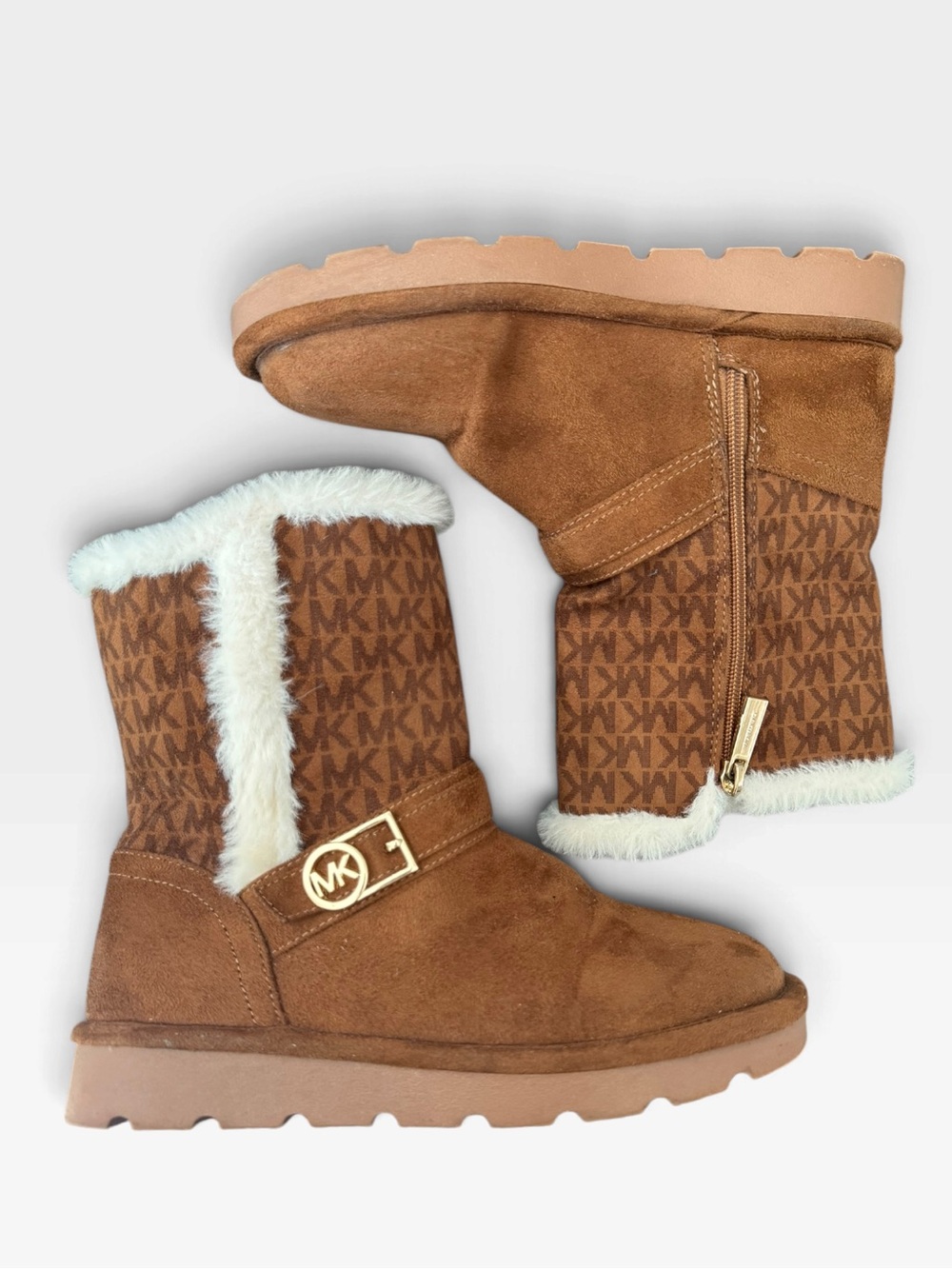 Michael Kors Girls Brown Monogram Fur-Lined Winter Boots Size 3
